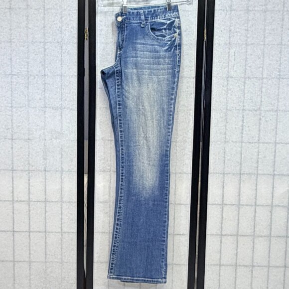 Maurices Low Rise Distressed Faded Flared Denim Jeans Medium Wash 11/12 L Bling - Picture 5 of 11